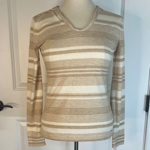 Tommy Hilfiger, Size S/P,  Cream, Tan, & Gold Stripes, Long Sleeve, Tee Shirt